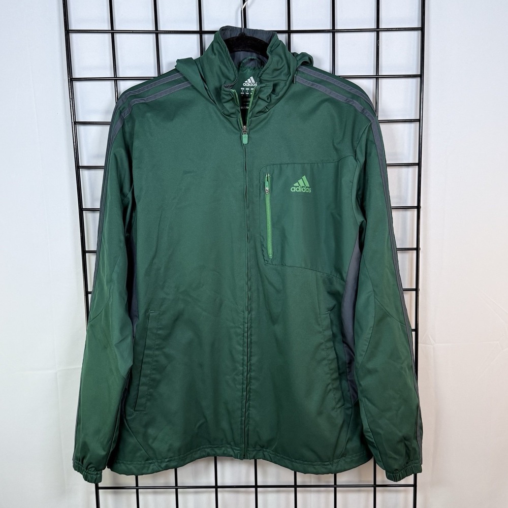 Adidas Windbreaker Jacket Mens M Green Drive 2 Stowaway Hood Track 3 Stripe